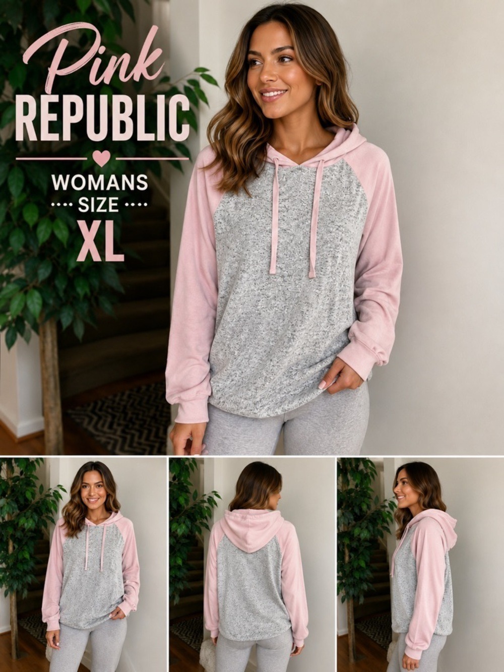 Pink Republic Women’s XL Gray marled & Mauve Hooded Raglan Pullover NWT